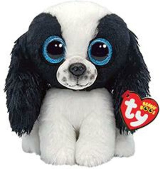Zwarte en witte Beanie Boo hond met grote blauwe glitterogen en lange zwarte oren.