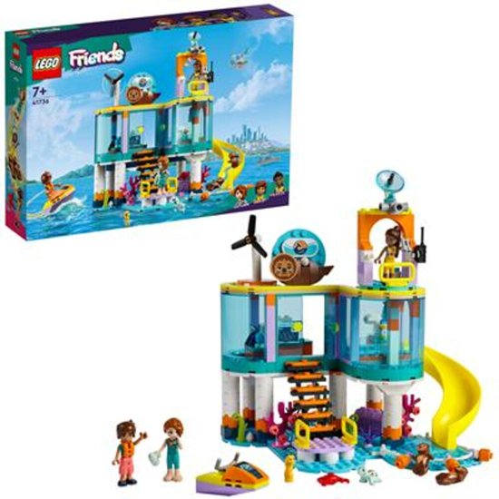 LEGO Friends Reddingscentrum op zee. Met de poppetjes Autumn, Leo en Kayla. Met een zeehond, dieren, jetski en een gebouw met glijbaan.