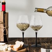 380 ml witte wijnglazen, set van 4 premium kristallen wijnglazen met zwarte lange steel en voet, unieke wijnglazen - Crystaluna collectie