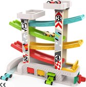 Houten Auto Ramp Speelgoed met 4 Auto's en 3 Garages - Rollerbaan - Perfect Peuterspeelgoed voor Jongens van 2-3 jaar - Geweldig Verjaardagscadeau