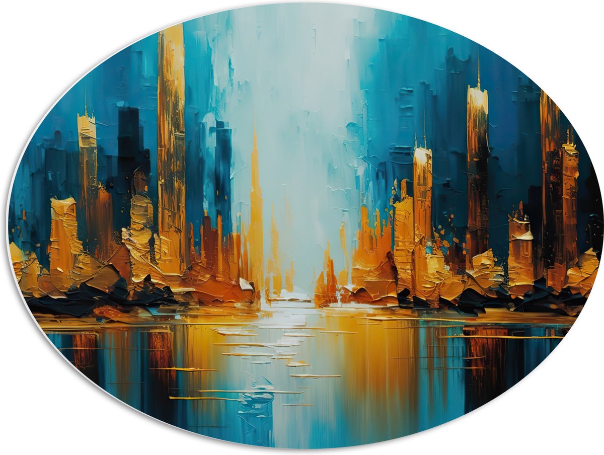 PVC Schuimplaat Ovaal - Schilderij - Verf - Blauw - Geel - 80x60 cm Foto op Ovaal (Met Oph