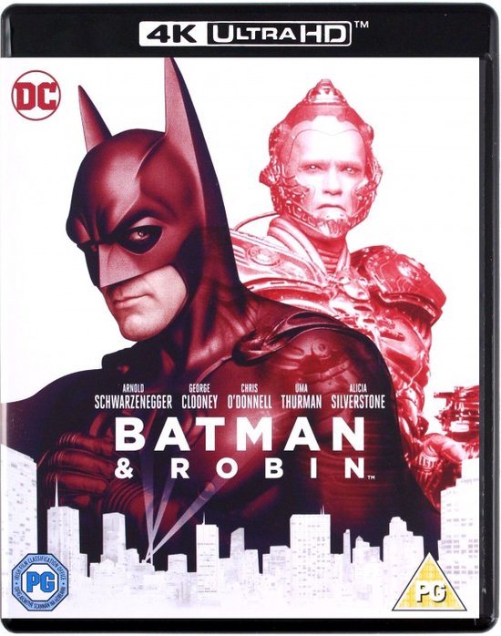 De voorkant van de Batman & Robin 4K Ultra HD Blu-ray verpakking, met Batman en Mr. Freeze.