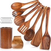 Batterie de cuisine en bois, ensemble d'ustensiles de cuisine avec support, cuillère et spatule en bois de teck (9 pièces)