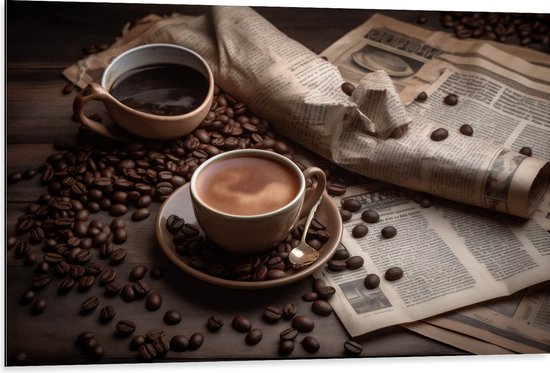 Dibond - Koffie - Krant - Koffiebonen - Lepel - Kopje - 105x70 cm Foto op Aluminium (Wanddecoratie van metaal)