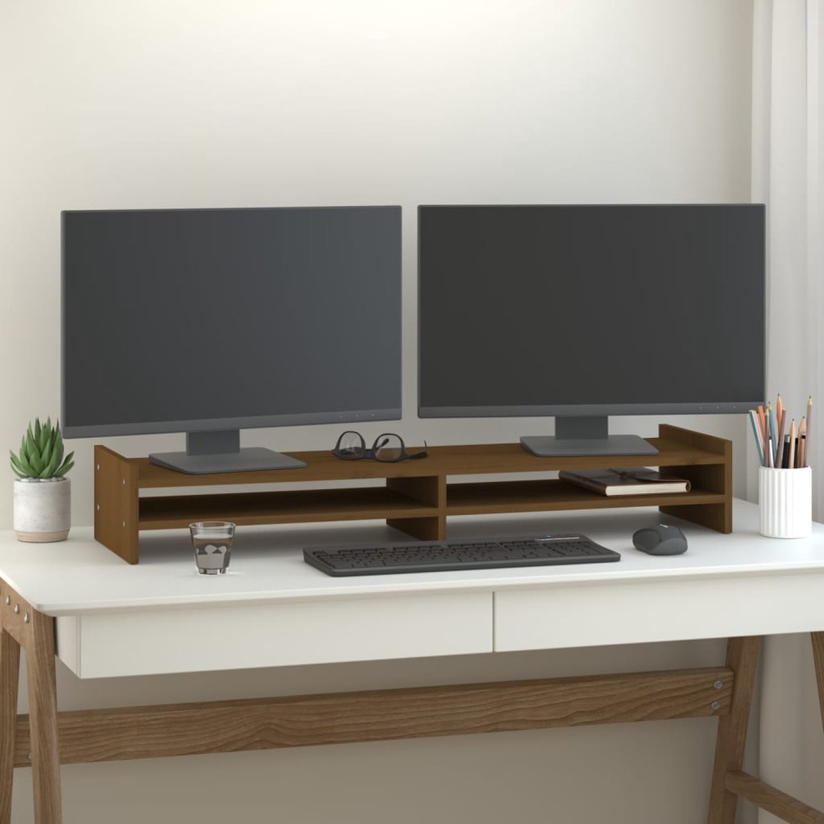 The Living Store Monitorstandaard - Massief Grenenhout - 100 x 27 x 15 cm - Honingbruin