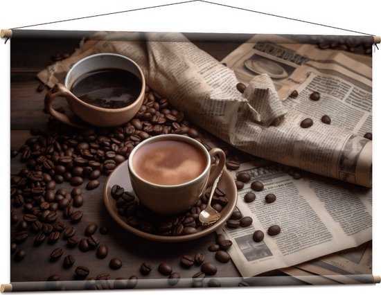 Textielposter - Koffie - Krant - Koffiebonen - Lepel - Kopje - 120x80 cm Foto op Textiel