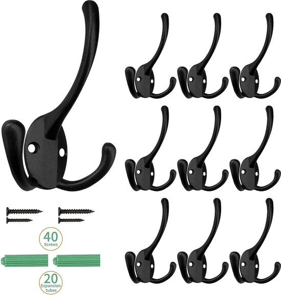 Set van 10 kapstokken muurhaken muurkapstokken vintage kapstokken met 40 schroeven zwart voor badkamer keuken slaapkamer