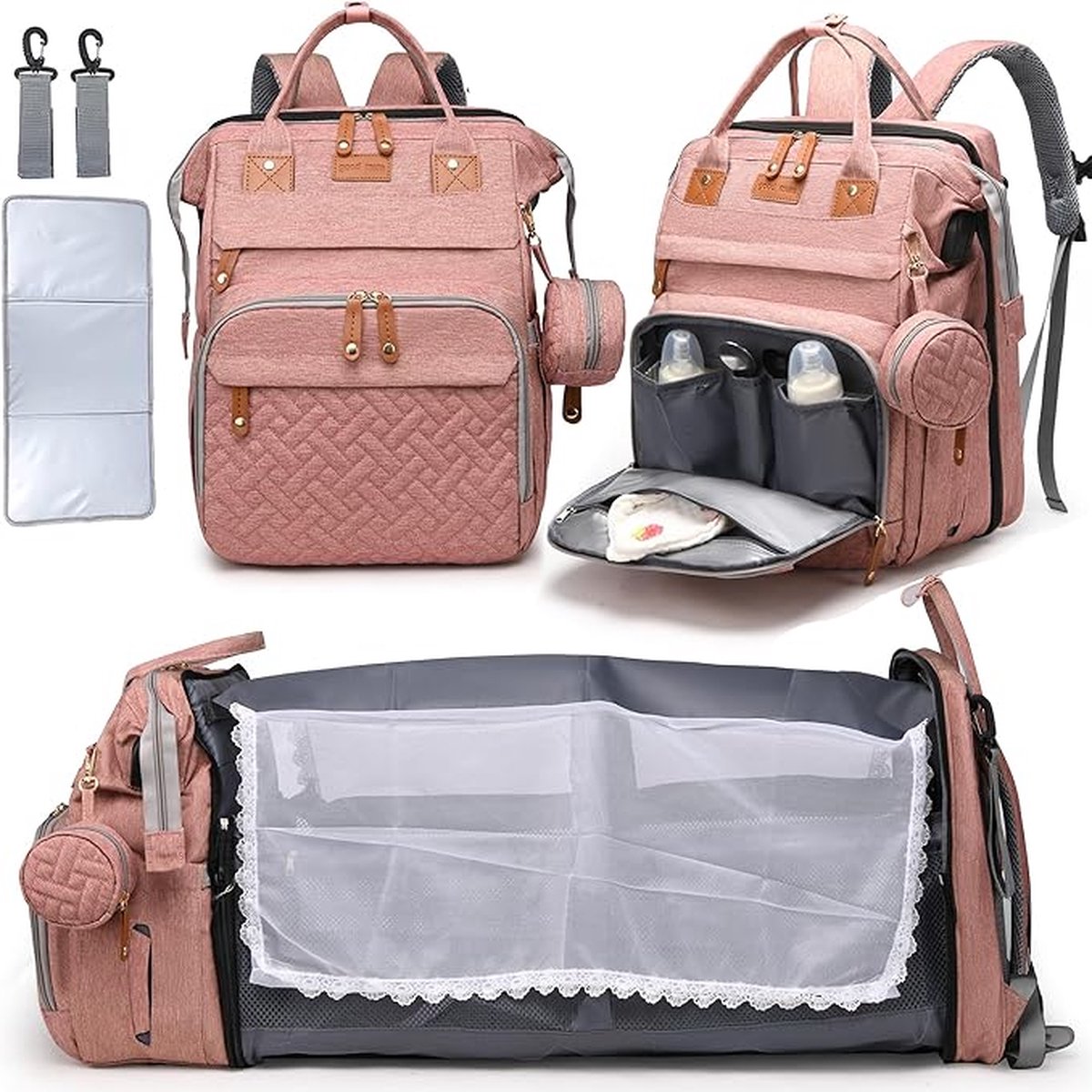 Goedkoopste Babyverschoonrugzak met aankleedkussen, reistas met afneembaar opklapbed, casual grijs, multifunctioneel, waterdicht met USB-oplaadpoort voor ouders