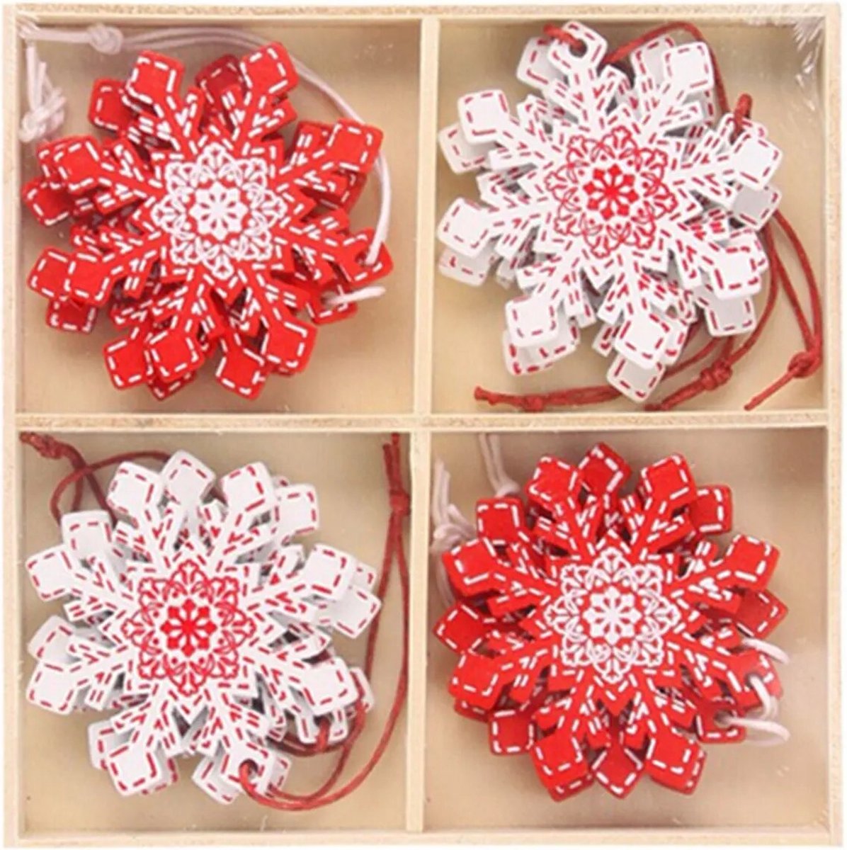Winkrs | Houten Kerstdecoratie Sneeuwvlok Hangers | Kerstboom Kerstversiering Rood/Wit, Ornamenten | 12x hout