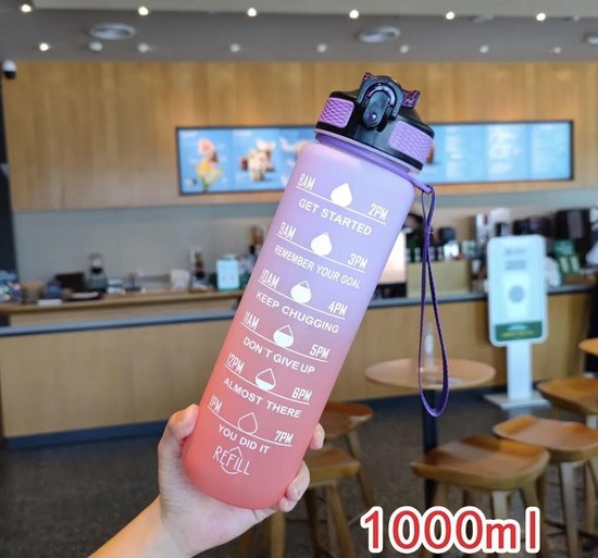Foto: Bodyluxx motivatie waterfles roze paars 1 liter drinkfles waterfles met rietje waterfles met tijdmarkering bpa vrij volwassenen drinkfles kinderen