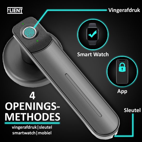 Flient® Smart Lock Casual 2.0 - Slimme Deurslot Met Vingerafdruk & APP - Deurklink - Zwart - Slim Deurslot - Binnen - WiFi & BlueTooth - Deurkruk - Smarthome - Flient