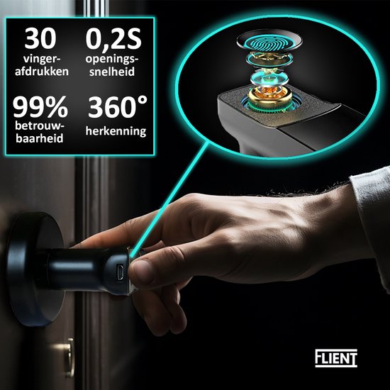 Flient® Smart Lock Casual 2.0 - Slimme Deurslot Met Vingerafdruk & APP - Deurklink - Zwart - Slim Deurslot - Binnen - WiFi & BlueTooth - Deurkruk - Smarthome - Flient