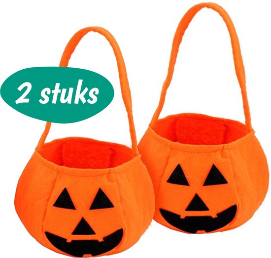 Halloween Snoepzakjes - 2 stuks - Vilt - Pompoen Decoratie - Halloween decoratie - Pumpkin - Halloween Pompoen Emmertjes van Vilt - Kindermandje - Halloween Accesoires