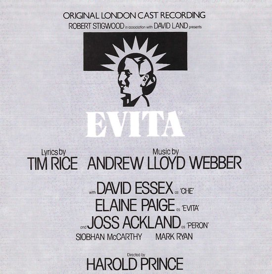 Original London Cast Recording: Evita, met Tim Rice, Andrew Lloyd Webber, David Essex, Elaine Paige, Joss Ackland, Siobhan McCarthy en Mark Ryan.