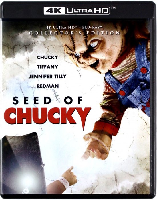 Collector's Edition "Seed of Chucky" 4K Ultra HD Blu-ray met een enge Chucky pop met blauwe overall.