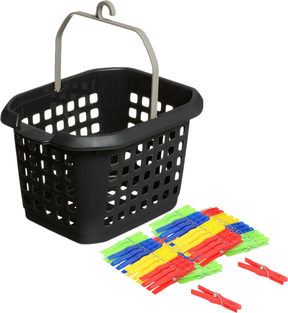 Goedkoopste Wasknijpers ophang mandje/bakje - zwart - met 48x plastic knijpers