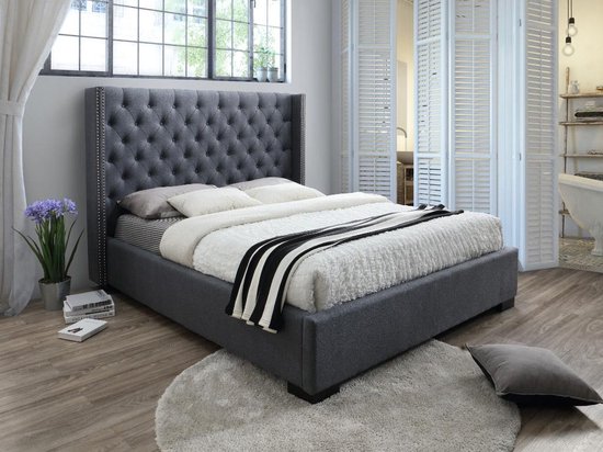 Bed met gestoffeerd hoofdeinde - 140 x 200 cm - Stof - Grijs + matras - MASSIMO L 163.5 cm x H 141.5 cm x D 215.5 cm