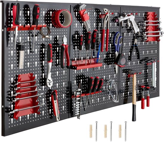 Gereedschap Ophangbord – Workshopmuur – Gereedschapswand – Geperforeerde Muur – Inclusief Haak Set – Wandrek Gereedschapsbord – Zwart – 120 x 60 x 2 cm