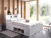 Bed met hoofdeinde met opbergruimte en lades - 160 x 200 cm - Kleur: wit + bedbodem - LEANDRE L 228.5 cm x H 95 cm x D 169.5 cm