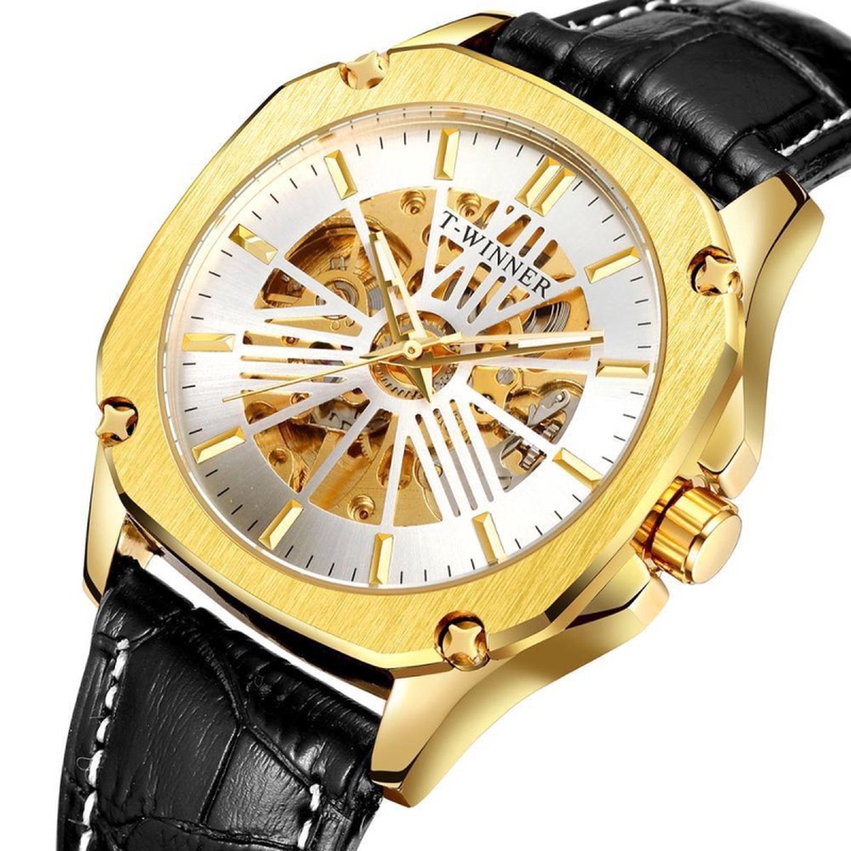 Winner® Horloges voor Mannen Skeleton Herenhorloge Jongens Heren Watch Horloge - Lederen Band - Automatisch Watchwinder - Automatic Horloges - Waterafstotend - Cadeau Giftbox - Zwart Goud Wit