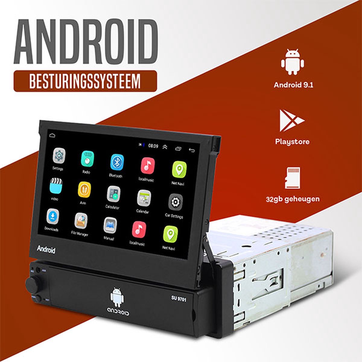 Boscer® 1Din Autoradio - Android 9.1 - 2+32GB - Navigatiesysteem - 7' HD klapscherm - USB, Aux, Bluetooth, WIFI - Achteruitrijcamera