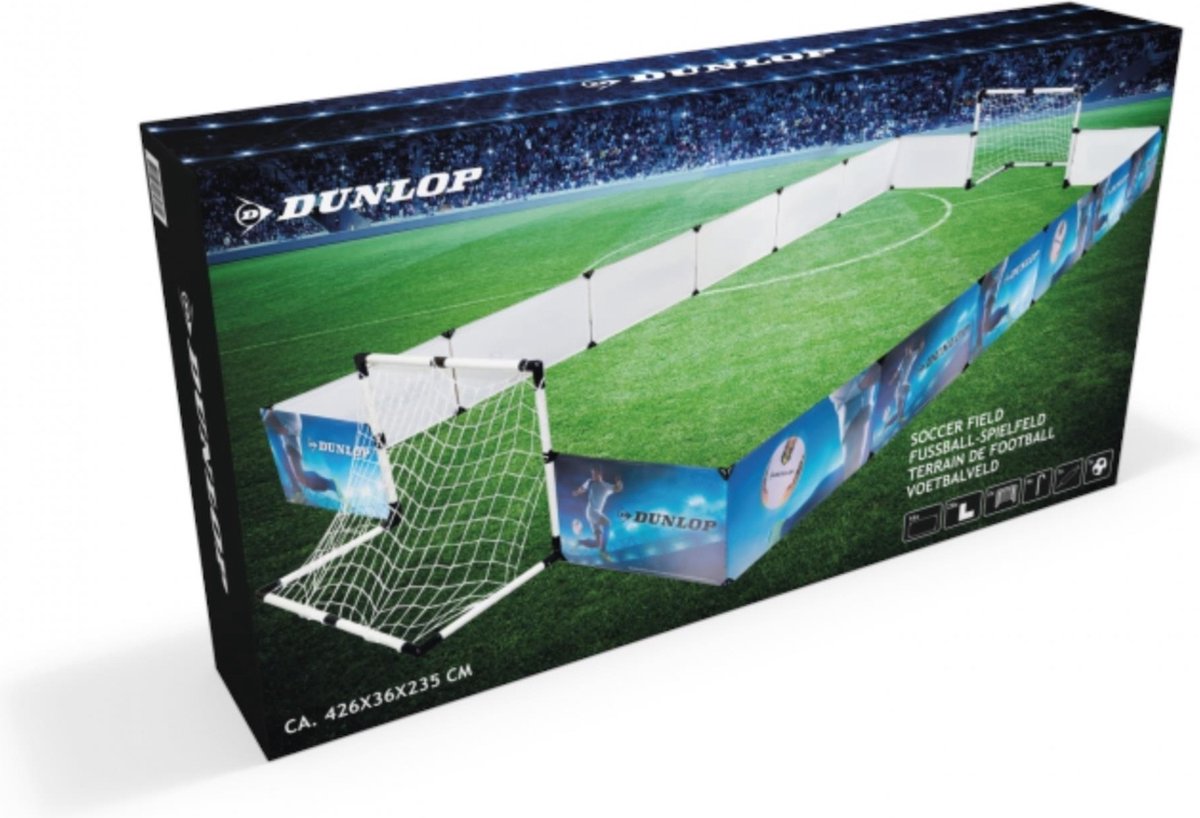 Dunlop Set Voetbal - Omheining, 2x Voetbaldoel, Voetbal en Pomp - 426 x 235 x 36 cm