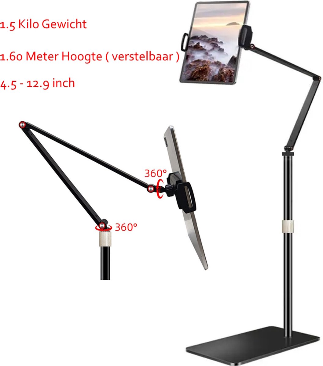 HomeBerg Universele tablet houder - 3 standen - Staand Statief - Verstelbaar - Tabletstandaard - Ipad - Android - Telefoonhouder - Draaibaar - 14/25cm - 1.60 M -