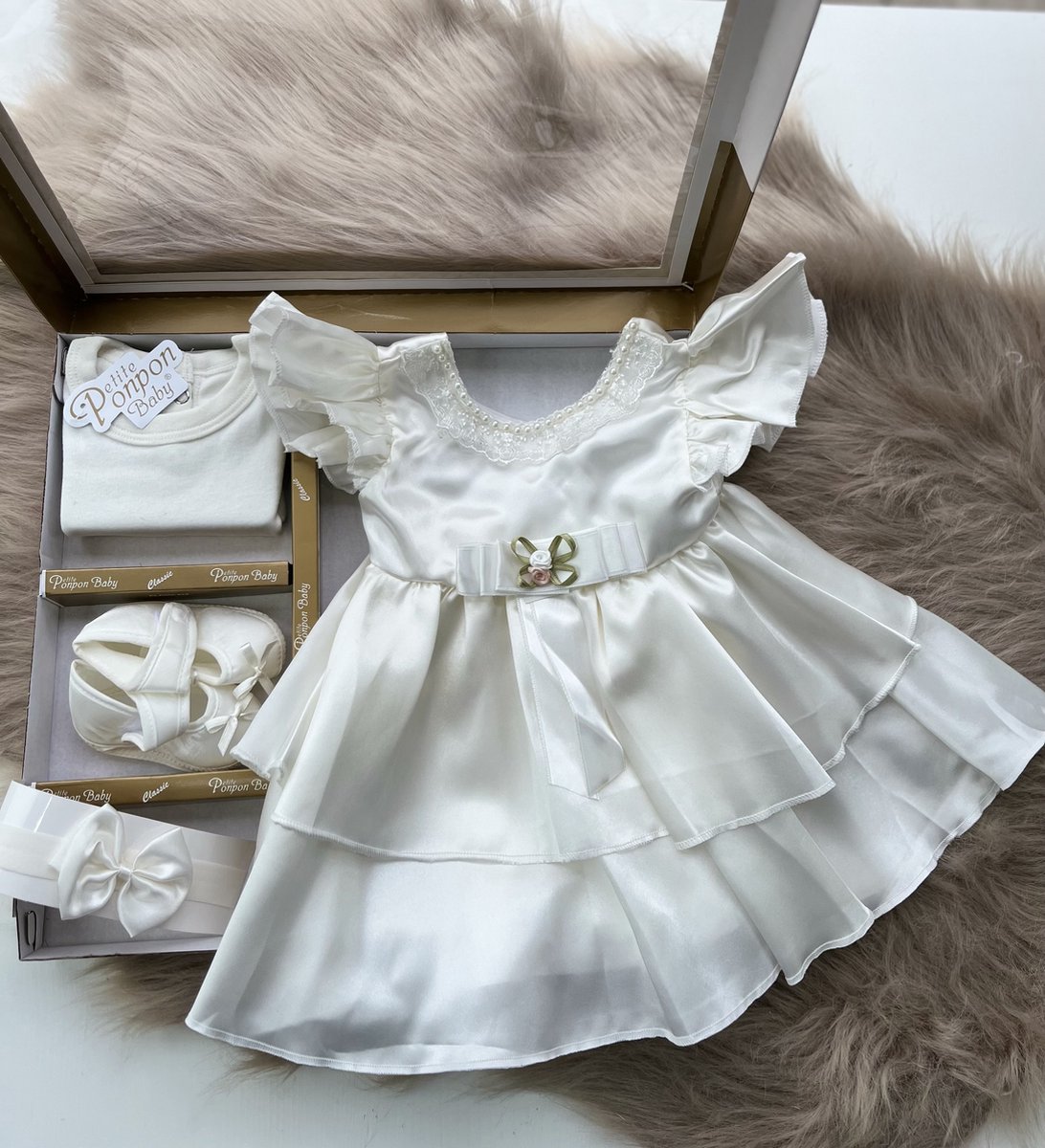 Goedkoopste luxe feestjurk-bruidsjurk-Baby jurk-doopjurk -dooppakje-onderhemd-haarband-schoentjes- pasgeboren-new born-geschenkset -geschenkdoos-kraamcadeau-fotoshoot newborn-doopsel-4 delige set-ivoorkleur-wit-maat 56/62(0 tem 4 maanden