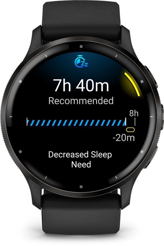 Zwarte smartwatch die de slaapgegevens toont: 7 uur 40 minuten aanbevolen slaap.