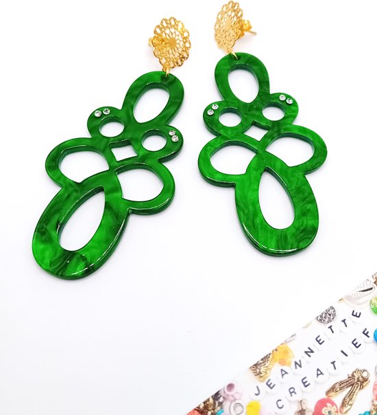Jeannette-Creatief® - Resin - Swirl Diamonds Green - Oorbellen - Dames Oorbellen - Oorbellen Dames - Strass steentjes - Groene oorbellen - Grote Oorbellen - Modekleuren 2023