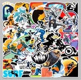 Extreme Sporten Stickers - 50 stuks - Met oa. Rotsklimmen, Free Running, Sky diven, Snowboarden, BMX, Mountiain Bike Outdoor sports