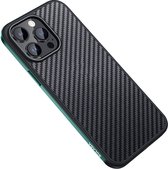 Sulada Carbonshield backcover shockproof met metale rand om case voor iPhone 14 Pro Max donker groen