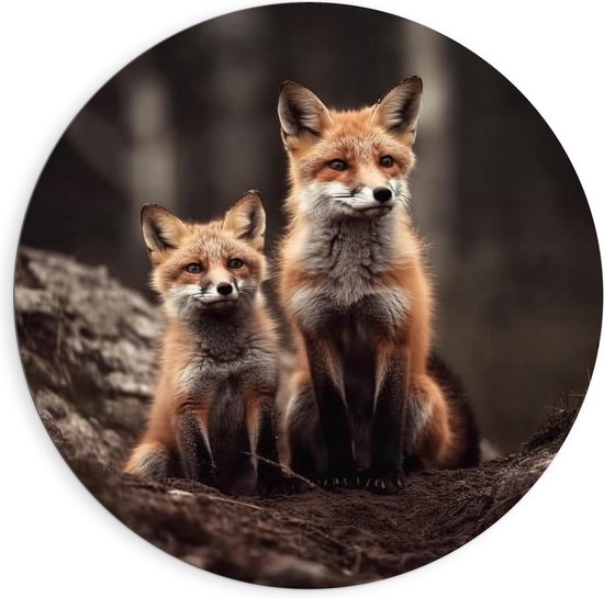 Dibond Muurcirkel - Moeder vos en kind zitten in een bos - 90x90 cm Foto op Aluminium Muurcirkel (met ophangsysteem)