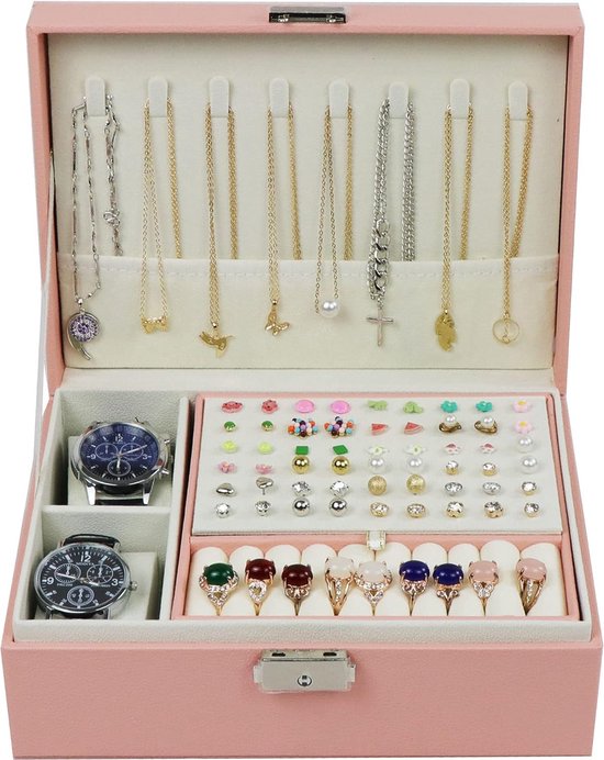 Sieradendoosje voor dames, juwelendoosje met sleutel, juwelendoos, leer, juwelendoos, groot juwelendoosje (roze)