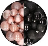 Kerstballen 60x stuks - mix lichtroze/zwart - 4-5-6 cm - kunststof - kerstversiering
