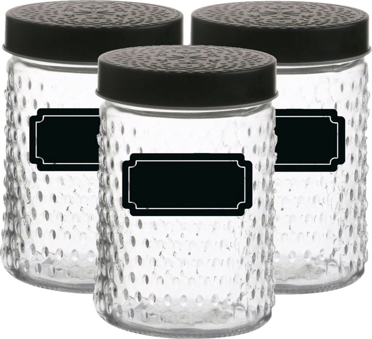 Voorraadpot/bewaarpot Roma - 6x - 1L - glas - zwart - incl. etiketten