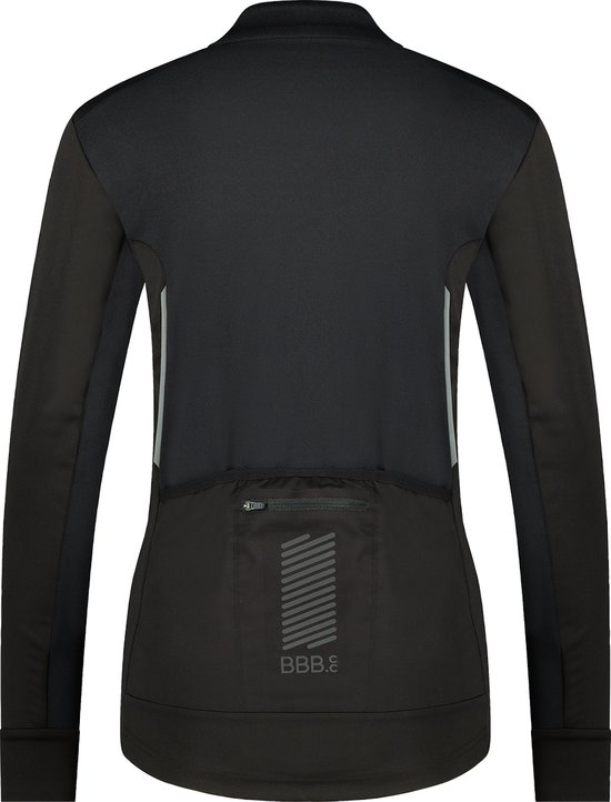 Zwarte BBB Cycling fietsjas, lange mouwen, met reflecterende verticale strepen en een ritszak op het achterpand.