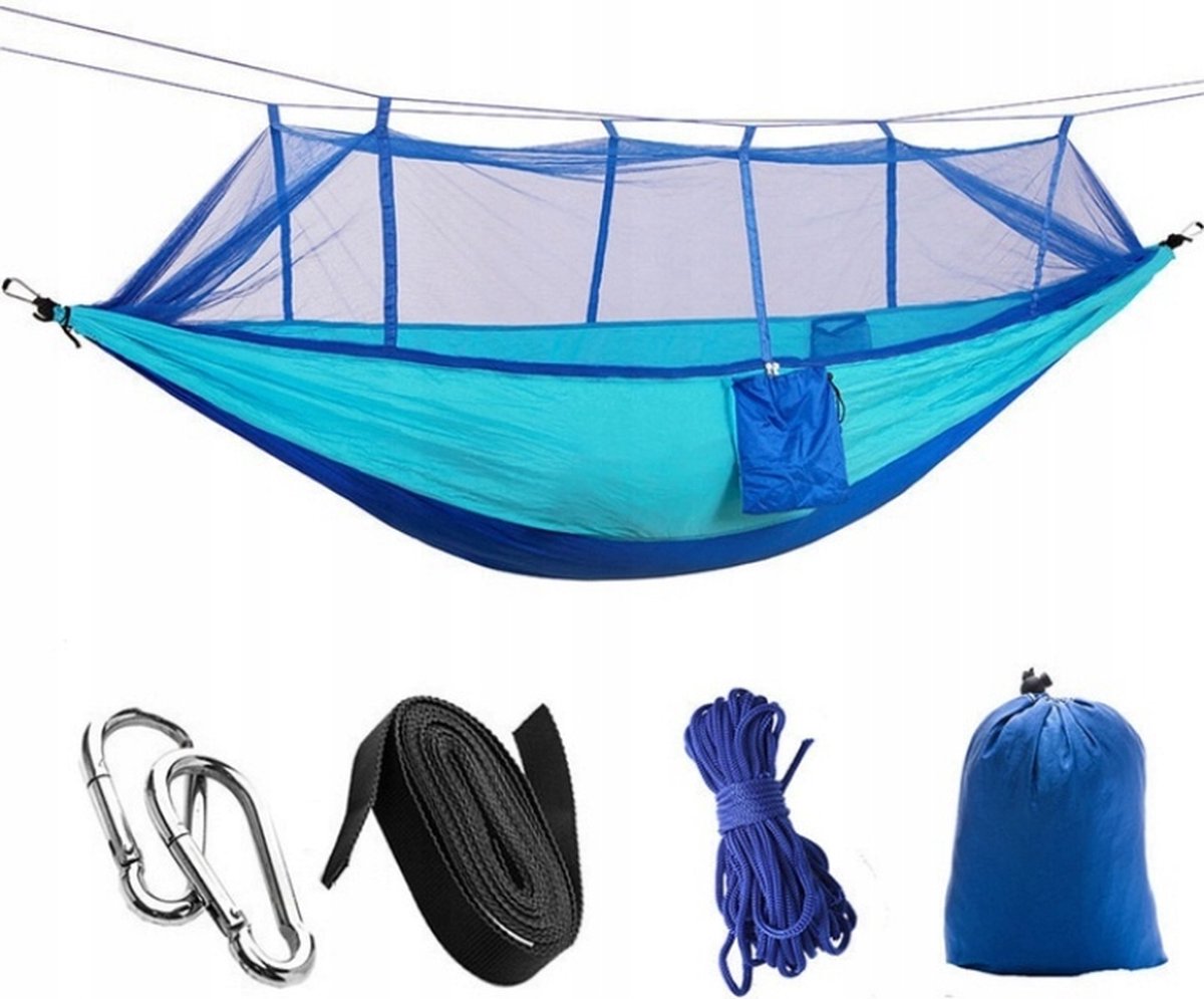 Hangmat met Klamboe - 290x140 - 180 kg - Blauw - Met Rits - Hangmat met Muggennet - Survival - Hammock - Outdoor Camping - Kamperen - Hangmat
