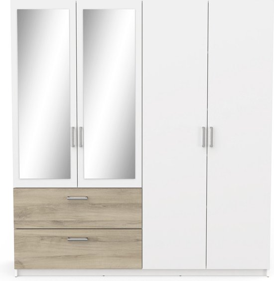 Belfurn - Ready - 4 deurs kledingkast met 2 spiegeldeuren 179x192cm in dekor wit met eik