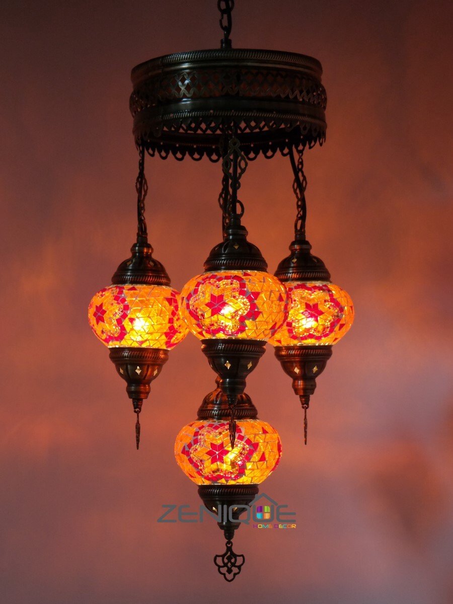 Turkse Lamp - Hanglamp - Mozaïek Lamp - Marokkaanse Lamp - Oosters Lamp - ZENIQUE - Authentiek - Handgemaakt - Kroonluchter - Rood/Oranje - 4 bollen