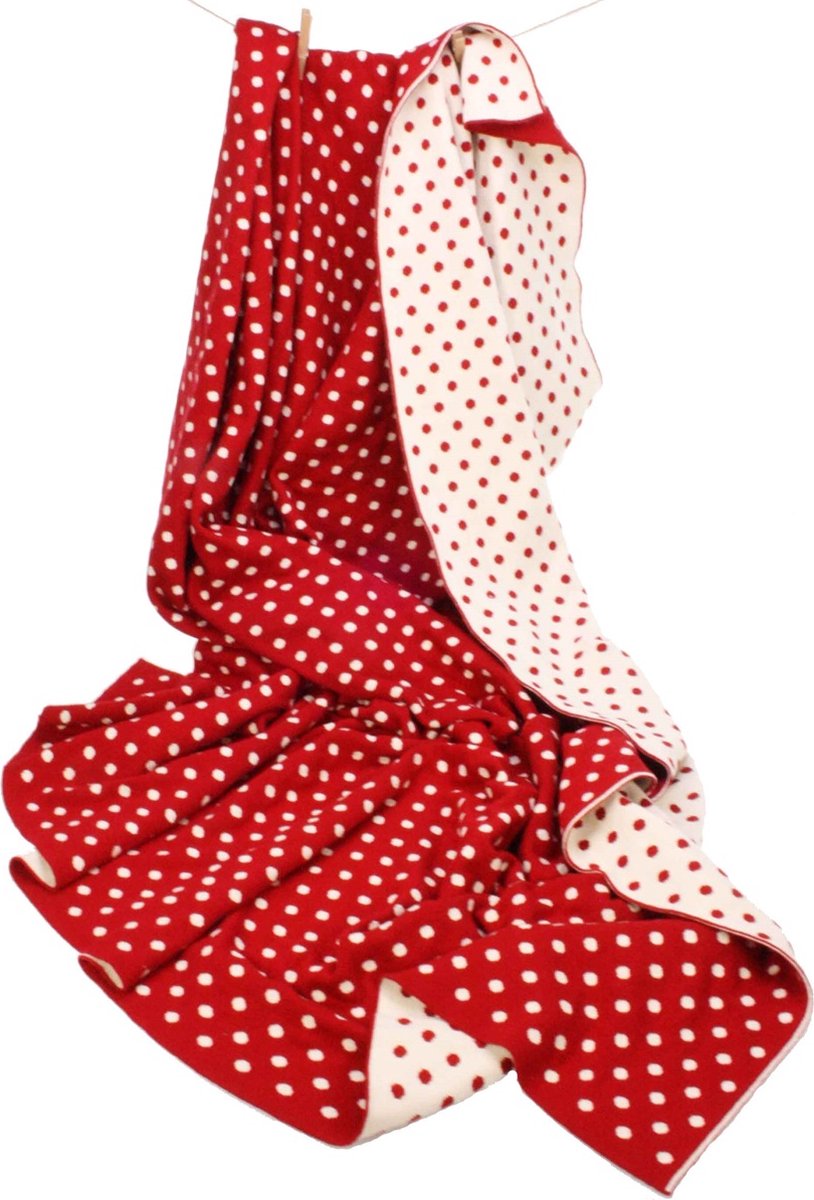 Meander gebreid kleed rood met witte stippen 100% katoen 125 x 150 cm
