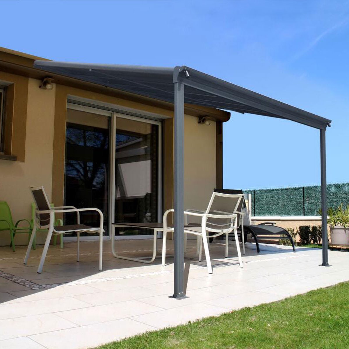 Rockford terrasoverkapping 3.1x3 m - Overkapping tuin met opaal polycarbonaat voor zonwering - Veranda van aluminium en weerbestendig - Antraciet - Rockford