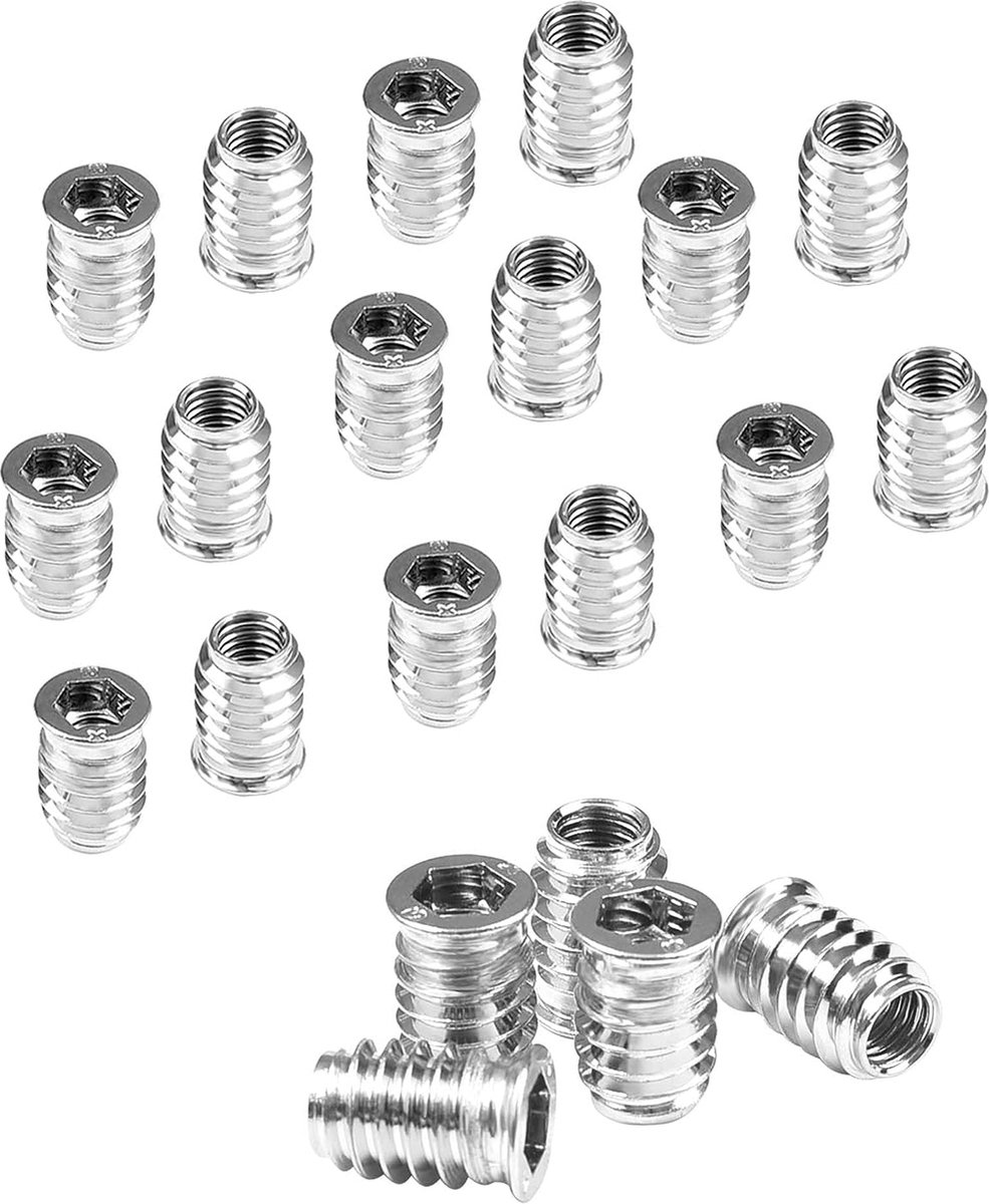 Screw-In Nut M8 Sockets M8 x 20 mm Screw-In Sleeve Threaded Bushing with Covering Edge Threaded Insert Hex Allen Nuts Nickel-Plated Carbon Steel for Wooden Furniture Pack of 100