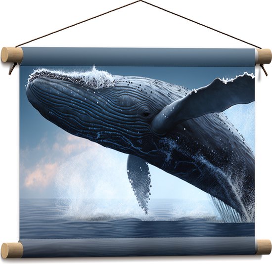 Textielposter - Bultrug walvis komt boven het zeewater uit met veel spetters om hem heen - 40x30 cm Foto op Textiel