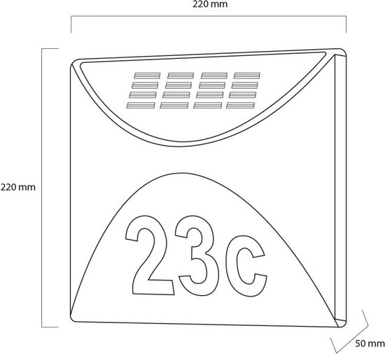 Schematische tekening van zilverkleurig huisnummerbord met '23c', afmetingen 220x220x50 mm.