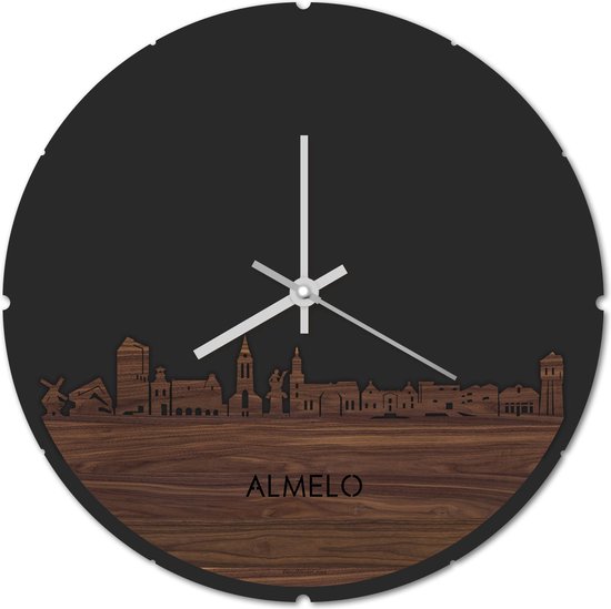 Skyline Klok Rond Almelo Notenhout - Ø 44 cm - Stil uurwerk - Wanddecoratie - Meer steden beschikbaar - Woonkamer idee - Woondecoratie - City Art - Steden kunst - Cadeau voor hem - Cadeau voor haar - Jubileum - Trouwerij - Housewarming -