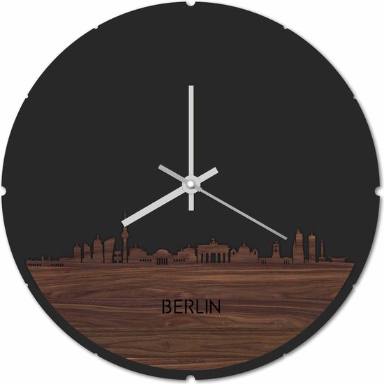 Skyline Klok Rond Berlijn Notenhout - Ø 44 cm - Stil uurwerk - Wanddecoratie - Meer steden beschikbaar - Woonkamer idee - Woondecoratie - City Art - Steden kunst - Cadeau voor hem - Cadeau voor haar - Jubileum - Trouwerij - Housewarming -