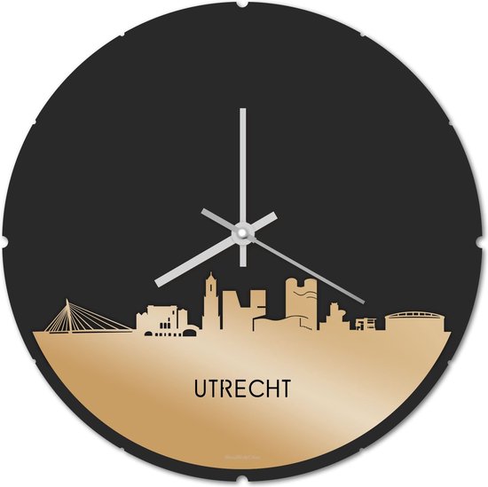 Skyline Klok Rond Utrecht Goud Metallic - Ø 44 cm - Stil uurwerk - Wanddecoratie - Meer steden beschikbaar - Woonkamer idee - Woondecoratie - City Art - Steden kunst - Cadeau voor hem - Cadeau voor haar - Jubileum - Trouwerij - Housewarming -