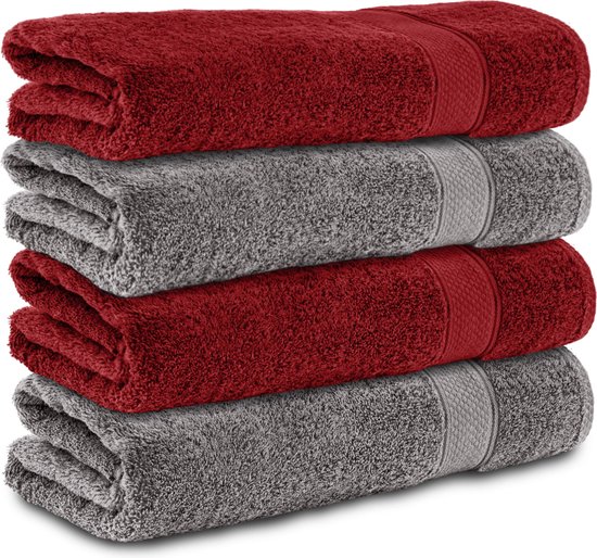 Komfortec handdoeken – Set van 4 - Badhanddoek 70x140 cm - 100% Katoen – Antracietgrijs&Rood