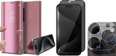 Coque iPhone 15 Pro Max – Protection d'écran de confidentialité FullGuard et protection d'écran pour objectif d'appareil photo – Book Case Miroir Or Rose
